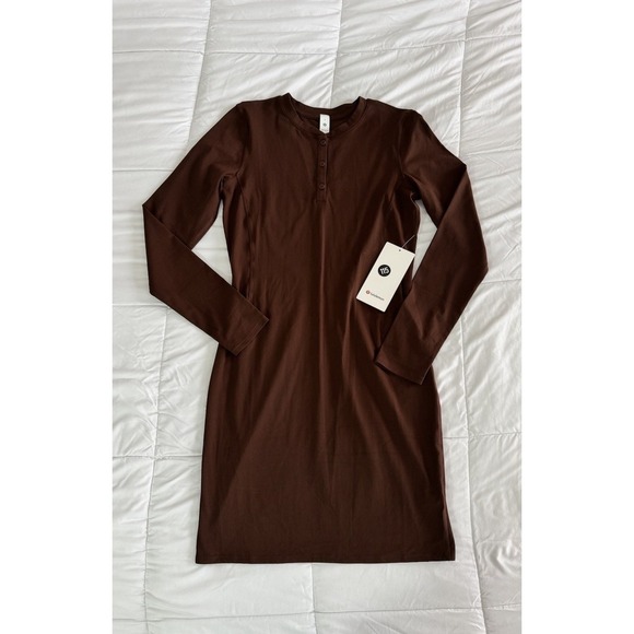 lululemon athletica Dresses & Skirts - New Lululemon All Aligned Ribbed LS Henley Dress Size 8 LAVA CAKE BROWN NWT $128